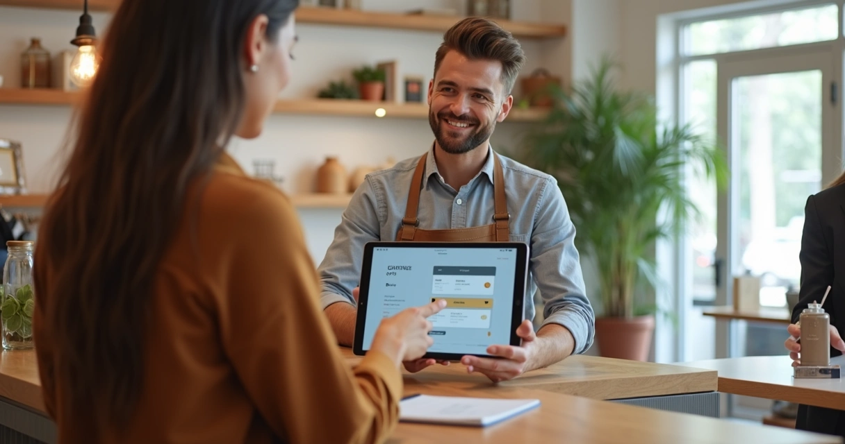 Pequena loja utilizando fidelidade digital com tablet no balcão 