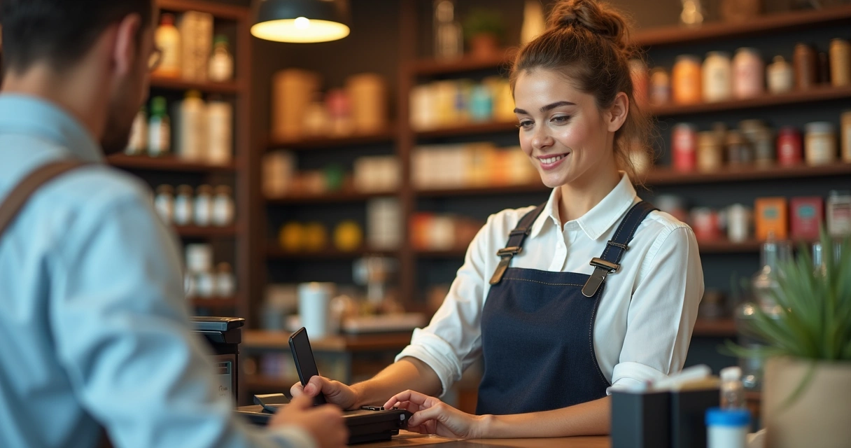 Atendente de loja pequena passando cartão no caixa 