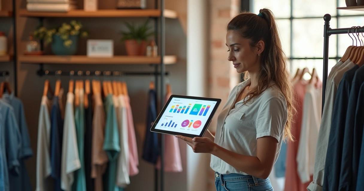 Dona de pequena loja usando tablet para analisar metas em gráficos 