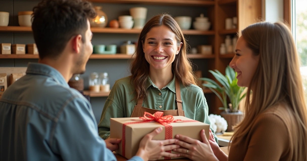Vendedora sorridente em loja pequena com clientes satisfeitos