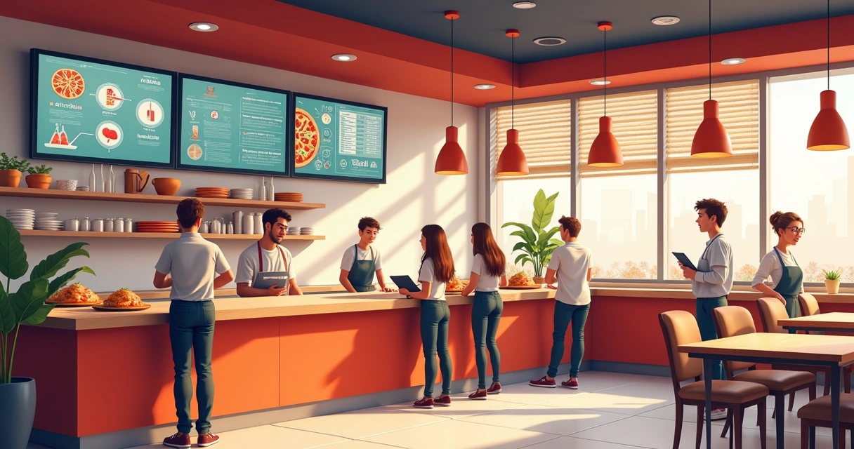 Interior moderno de pizzaria com tecnologia de automação 