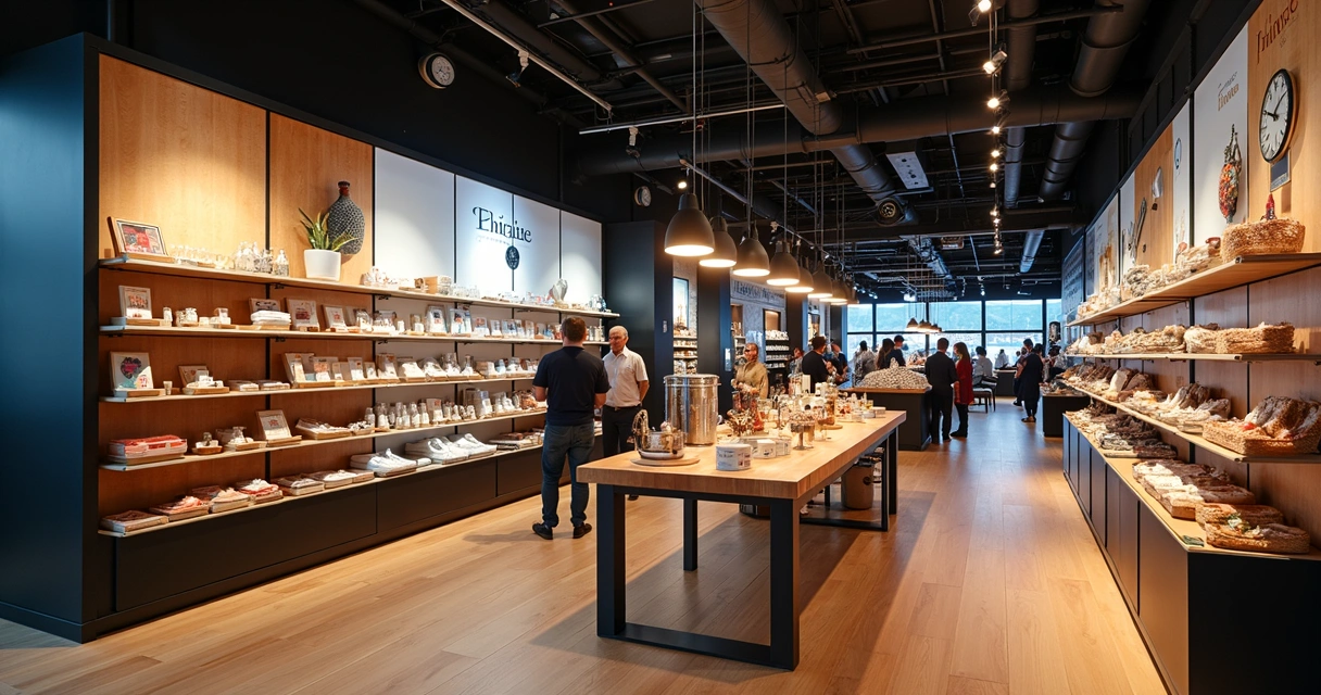 Loja pop-up moderna com clientes e produtos exclusivos em exposição temporária 