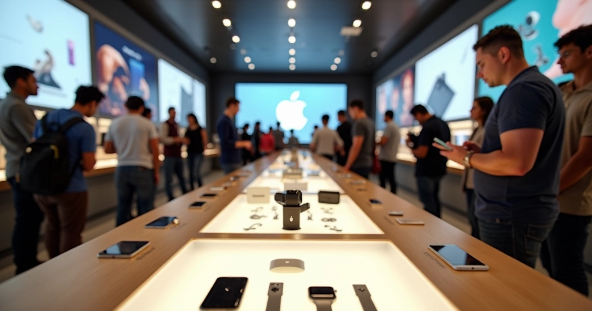 Produtos Apple expostos em vitrine de loja especializada 