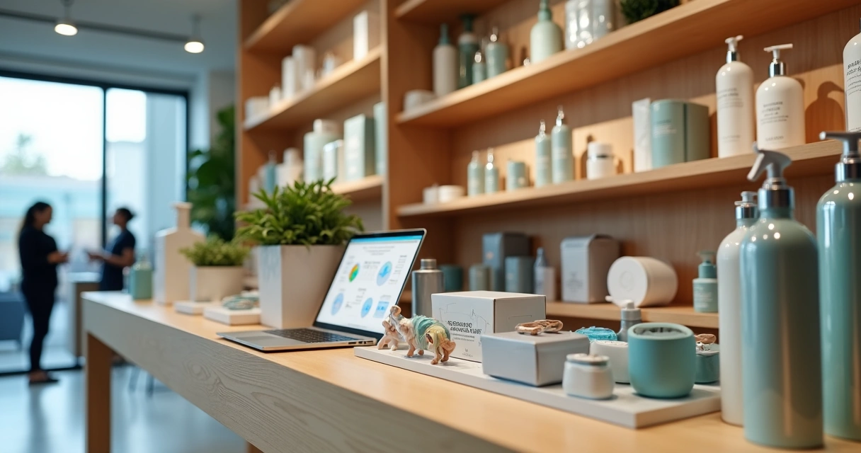 Vitrine organizada com produtos importados variados em loja moderna 