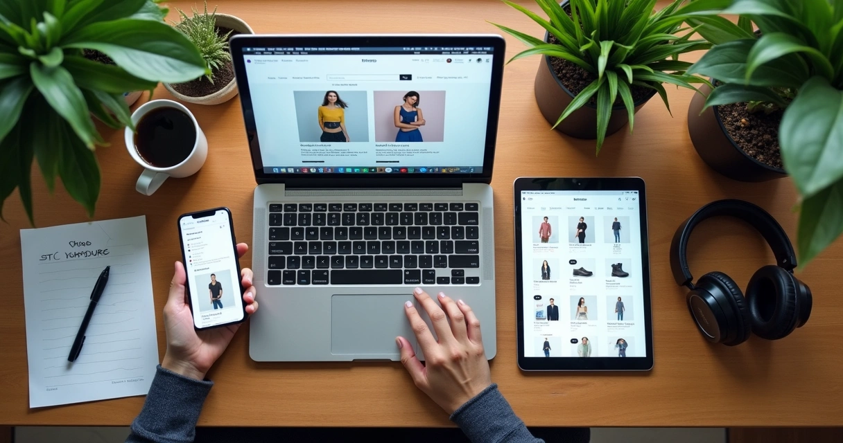 Mesa dividida entre loja online própria e marketplace, mostrando integração dos canais 