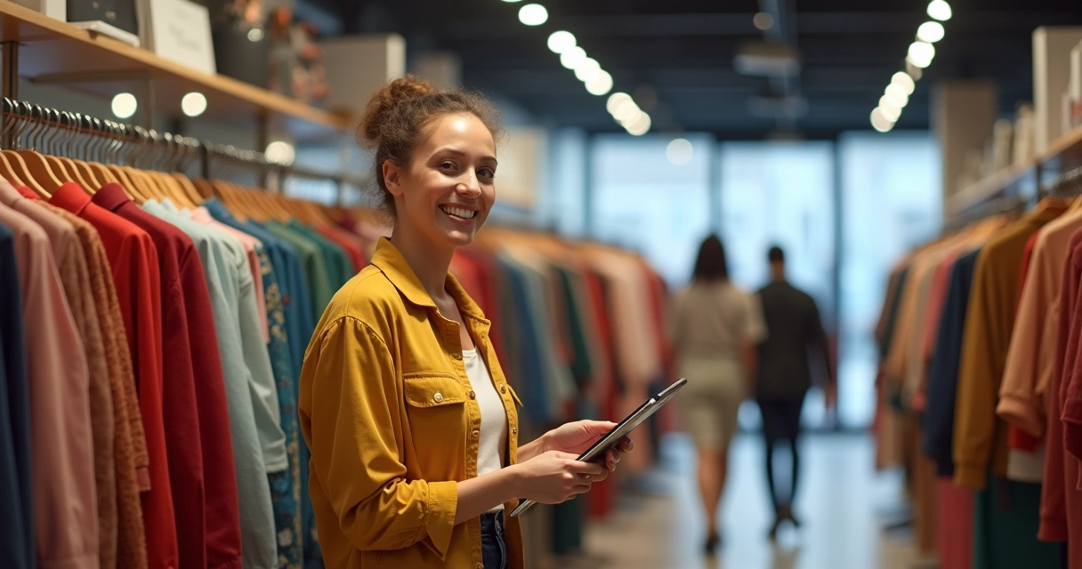 Dona de loja conferindo estoque em tablet com ar satisfeito, roupas coloridas ao fundo