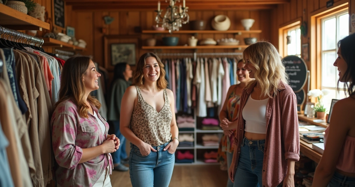 Interior de uma loja de roupas com mulheres conversando e criando laços de amizade 