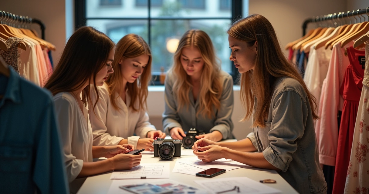 Equipe de loja organizando looks para fotos de redes sociais 