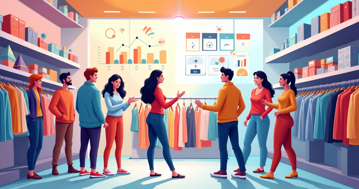 Ilustração de uma loja de roupas animada com um gerente interagindo com clientes diversos e promoções personalizadas.