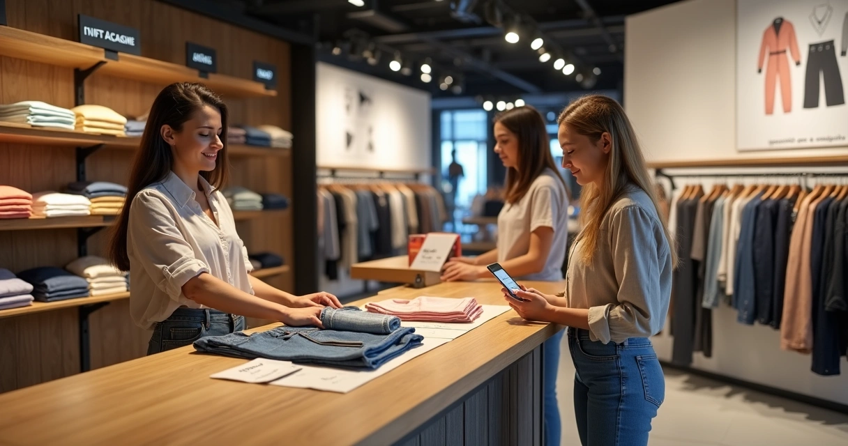 Balcão de loja de roupas com vendedora mostrando combinação de peças para cliente 