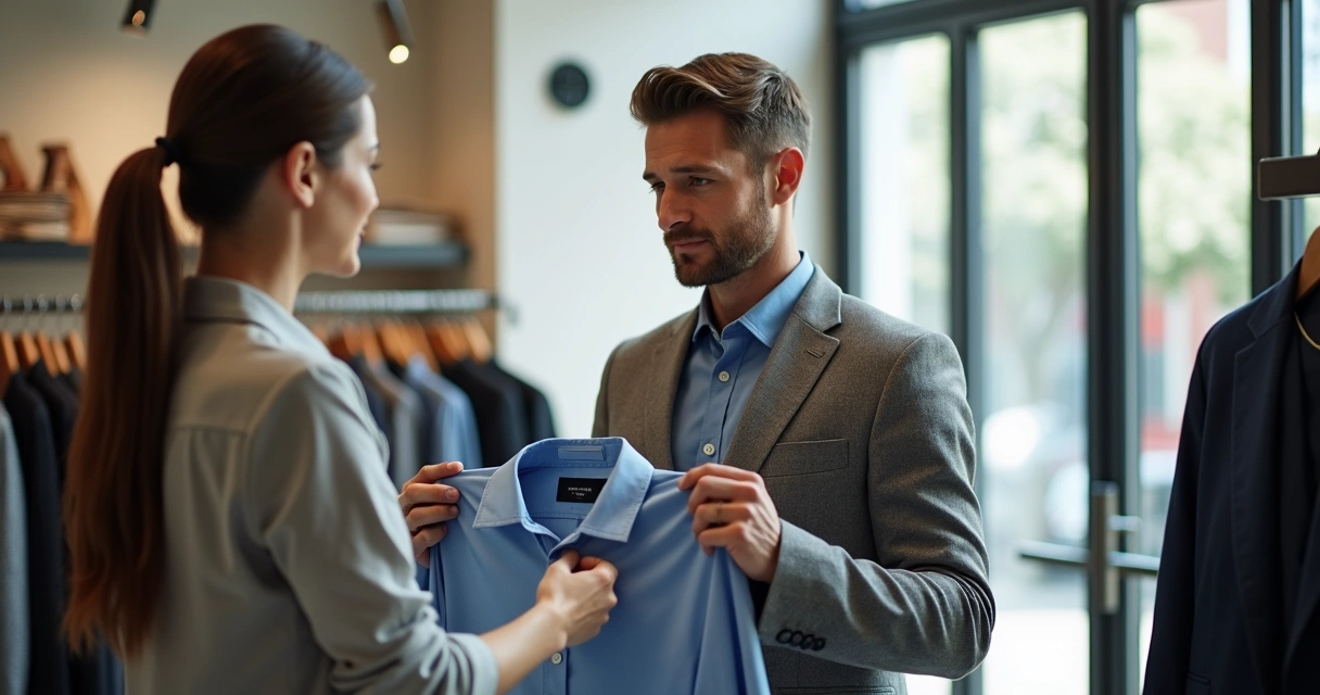 Vendedora mostrando camisa premium ao cliente na loja de roupas 