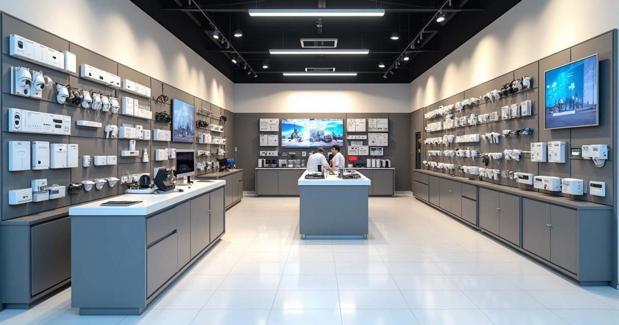 Interior da loja BJSEG organizada com produtos de segurança eletrônica