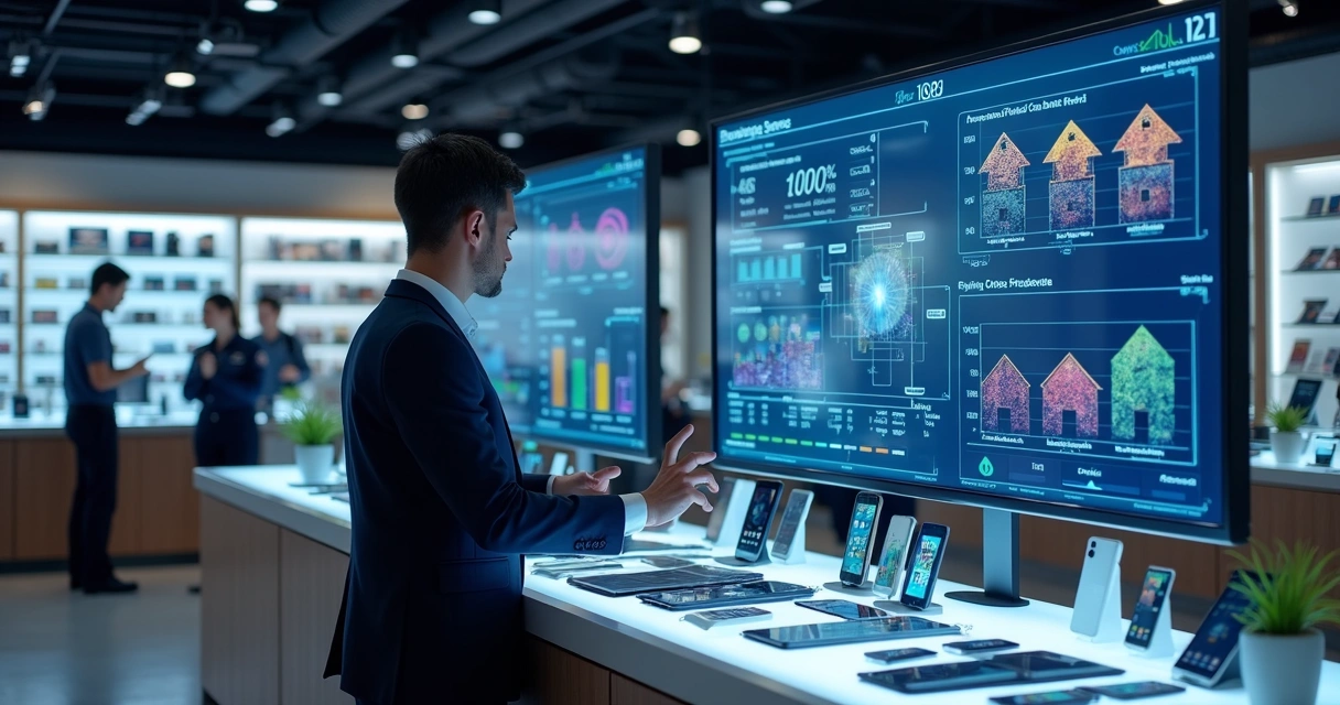 Gestor de loja de celulares usando painel digital para visualizar gestão de patrimônio tokenizado