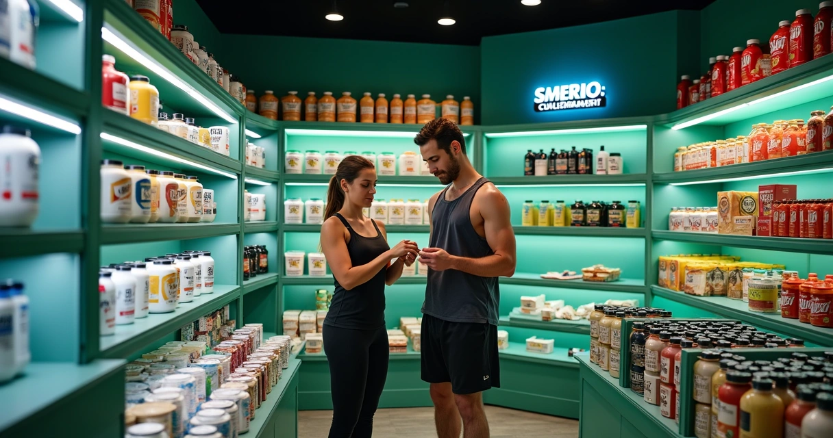 Interior de loja de suplementos em São Paulo, com prateleiras cheias de produtos e pessoas analisando os itens