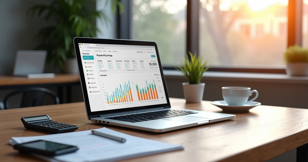 Computador aberto mostrando painel de controle do TikTok Shop com gráficos de impostos e lucro ao redor 