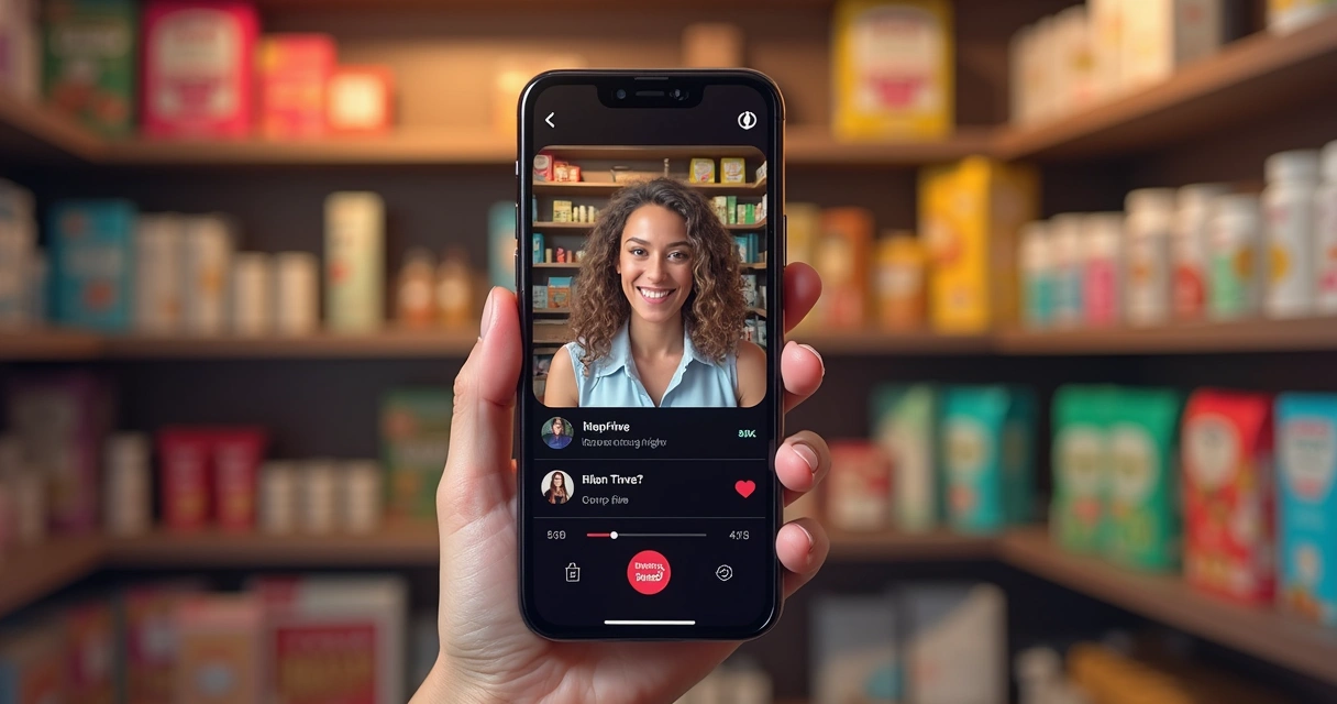 Loja transmitindo ao vivo no TikTok com produtos e chat ativo. 