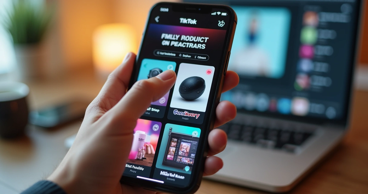 Loja no app TikTok com produtos à venda na tela do celular 