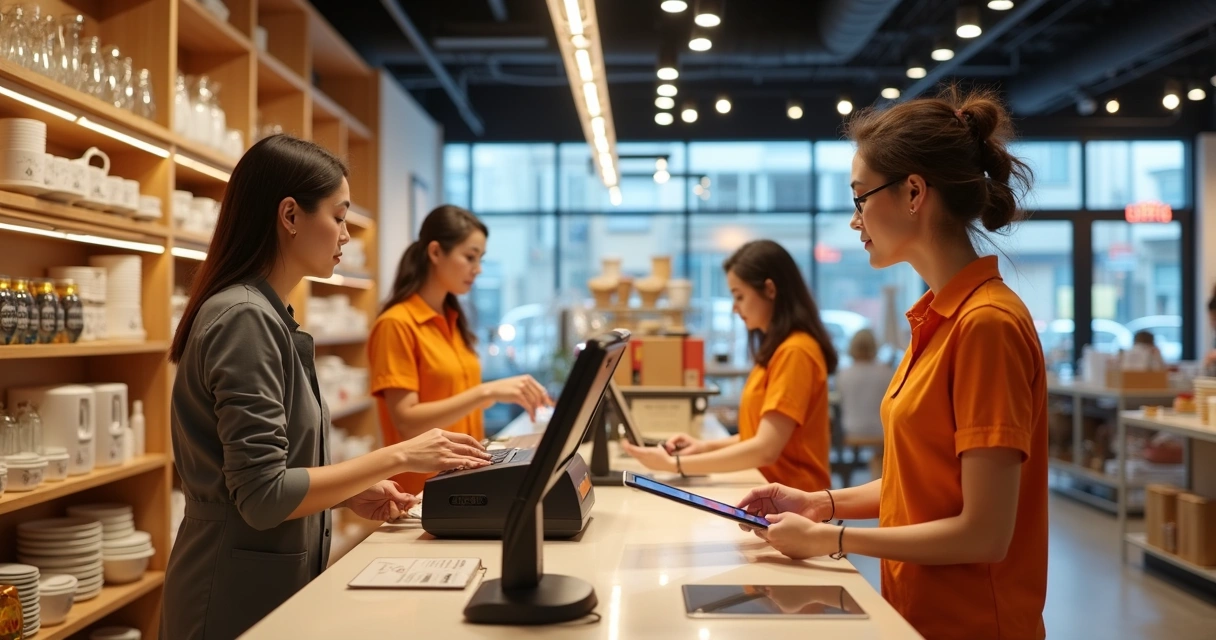 Vista do balcão de utilidades domésticas com PDV moderno e clientes realizando compras com rapidez. 