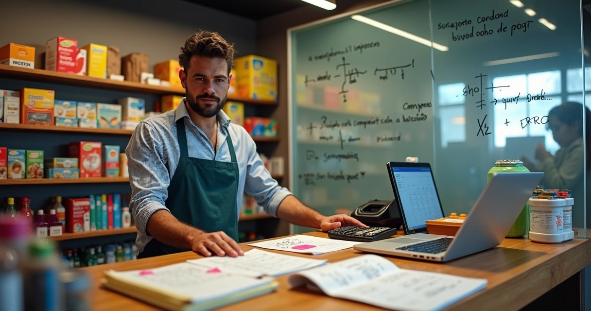 Dono de pequena loja de varejo calculando preço de produtos em frente às prateleiras 