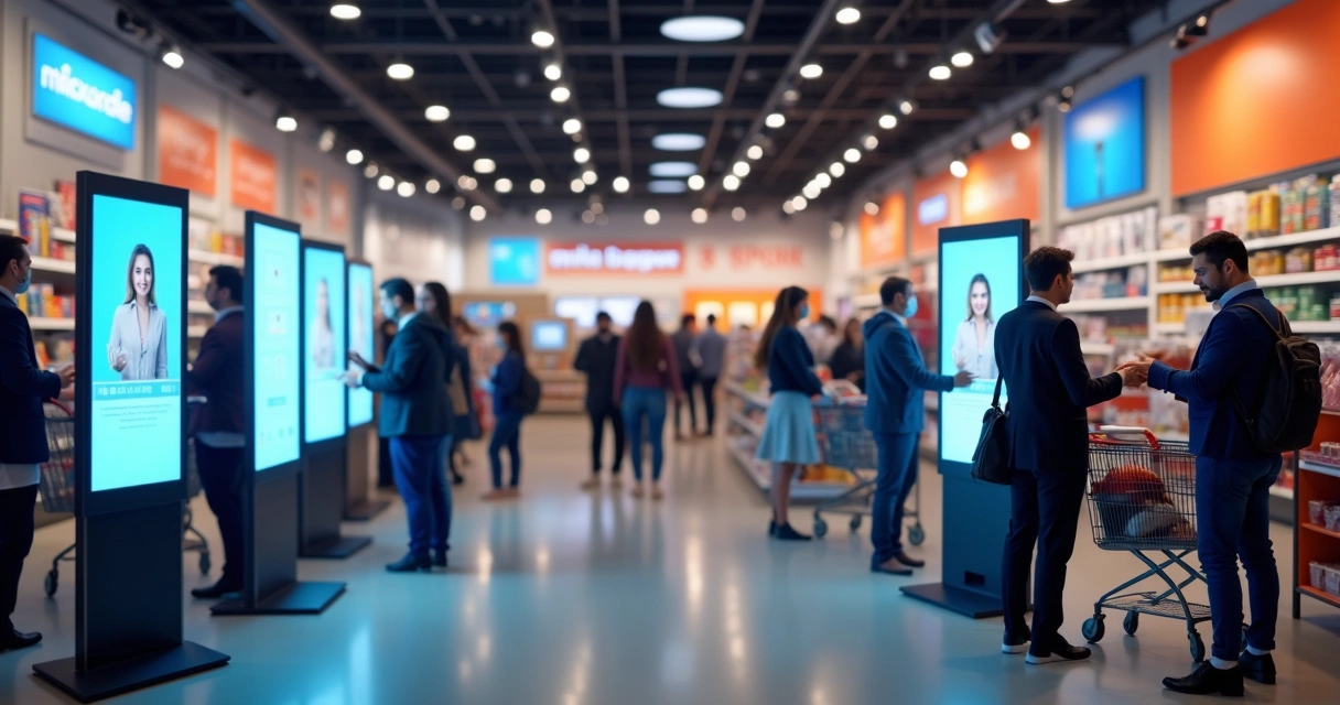 Loja movimentada com IA auxiliando clientes em totens virtuais 