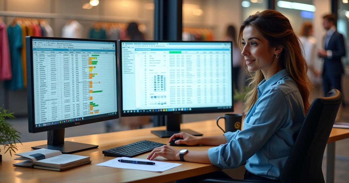 Gestora de varejo analisando conciliação bancária automática em tela com extrato OFX 