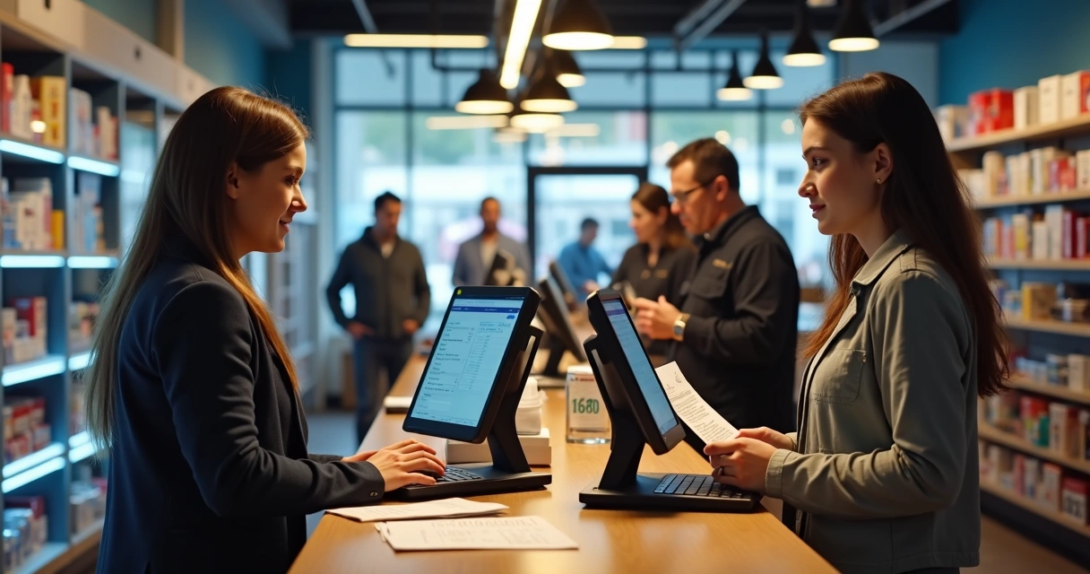 Interior de loja de varejo com caixas abertos, funcionários trabalhando e clientes no balcão