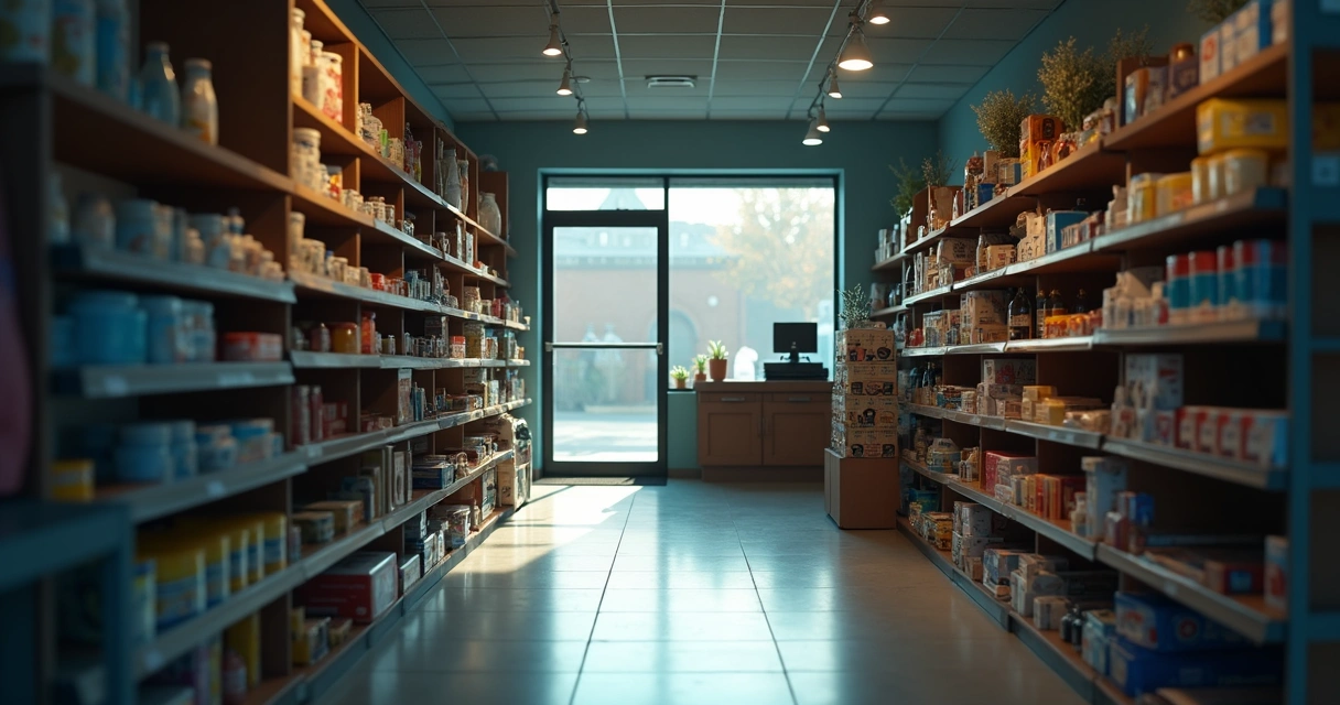 Loja vazia com poucos produtos nas prateleiras 