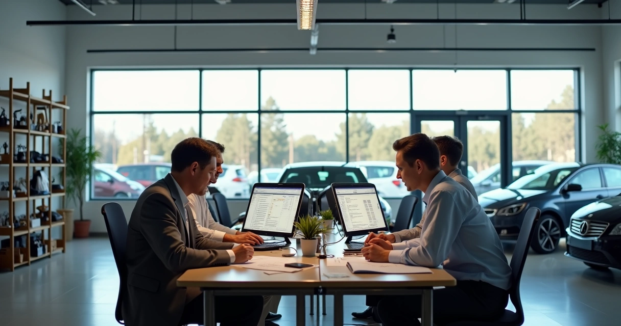 Concessionária de veículos usados com funcionários analisando documentos e computadores