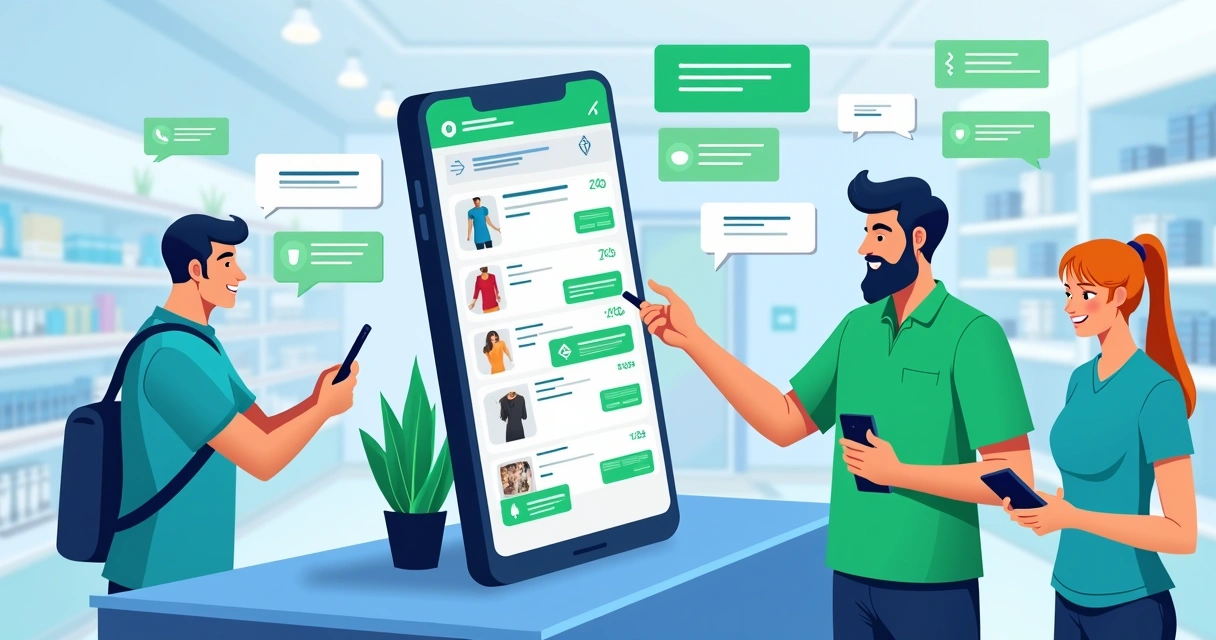 Ilustração corporativa de lojista atendendo clientes via WhatsApp com catálogo digital organizado no celular e clientes satisfeitos 