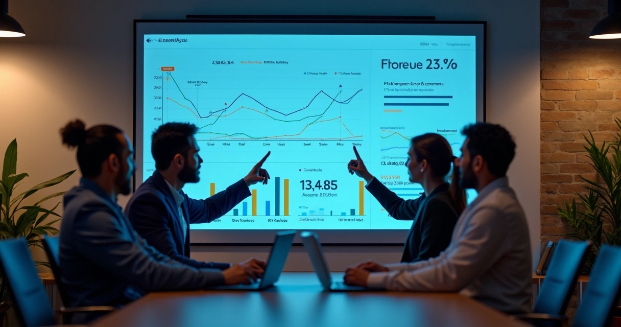 Equipe analisando painel de vendas em loja virtual 