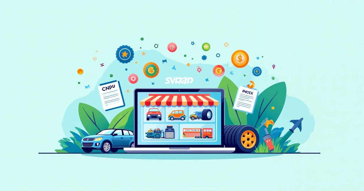 Loja virtual de autopeças com laptop, ícones de CNPJ e notas fiscais em fundo colorido; representa e-commerce.