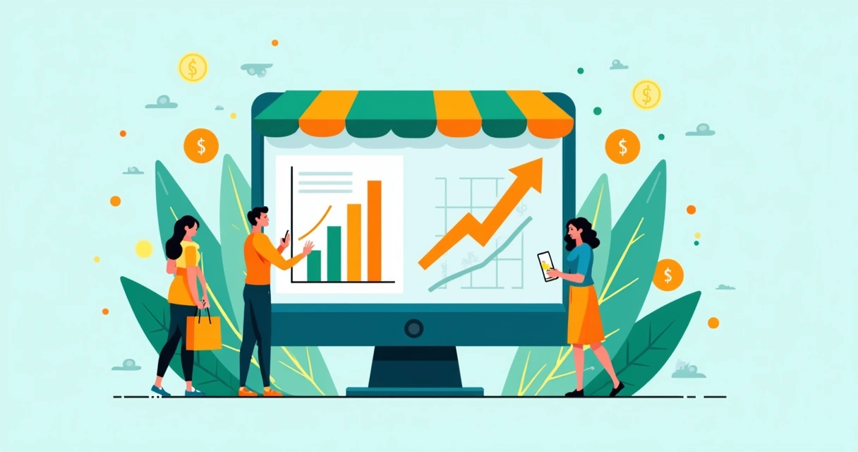 Ilustração de loja virtual no Brasil com gráficos subindo e consumidores comprando online 