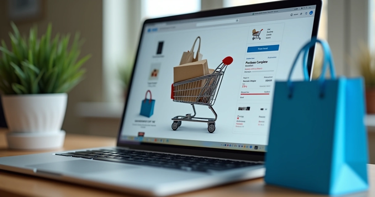 Carrinho de compras cheio na tela de notebook 