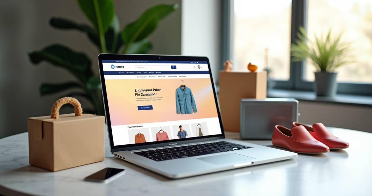 Notebook mostrando loja online, caixa de entrega e produtos ao lado 