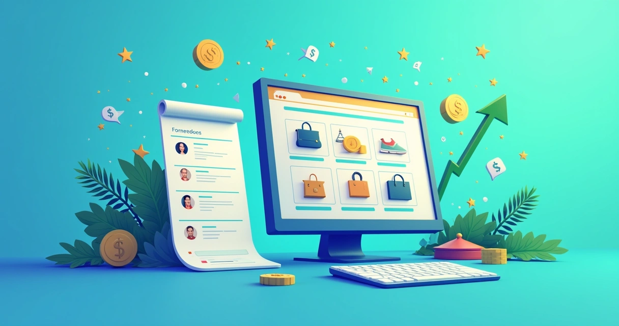 Ilustração de uma loja virtual de dropshipping, com fornecedor confiável e gráfico de satisfação do cliente.