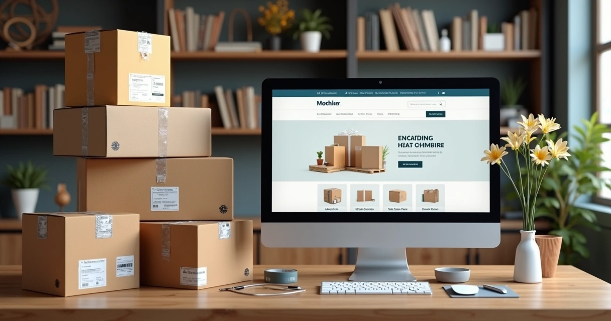 Estante com caixas prontas para envio e tela de loja virtual no computador