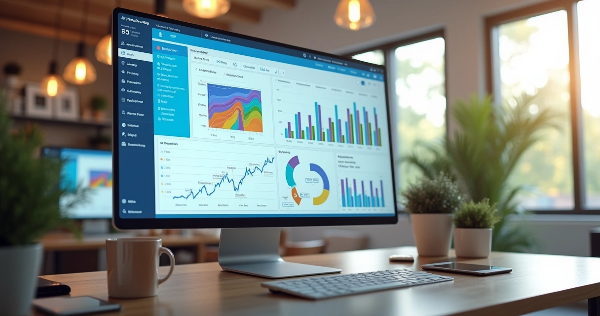 Tela de computador exibindo dashboard de loja virtual com gráficos de vendas, estatísticas de clientes e controle de estoque integrado 