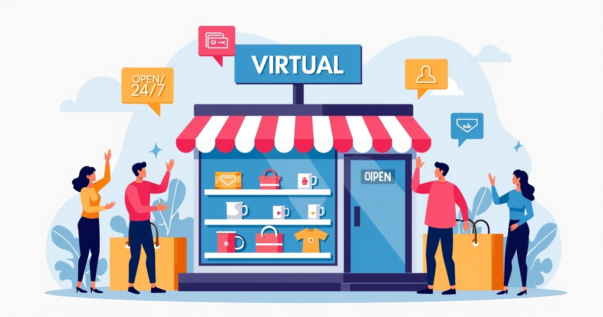 Ilustração de uma loja online aberta e clientes entrando de diversos dispositivos 