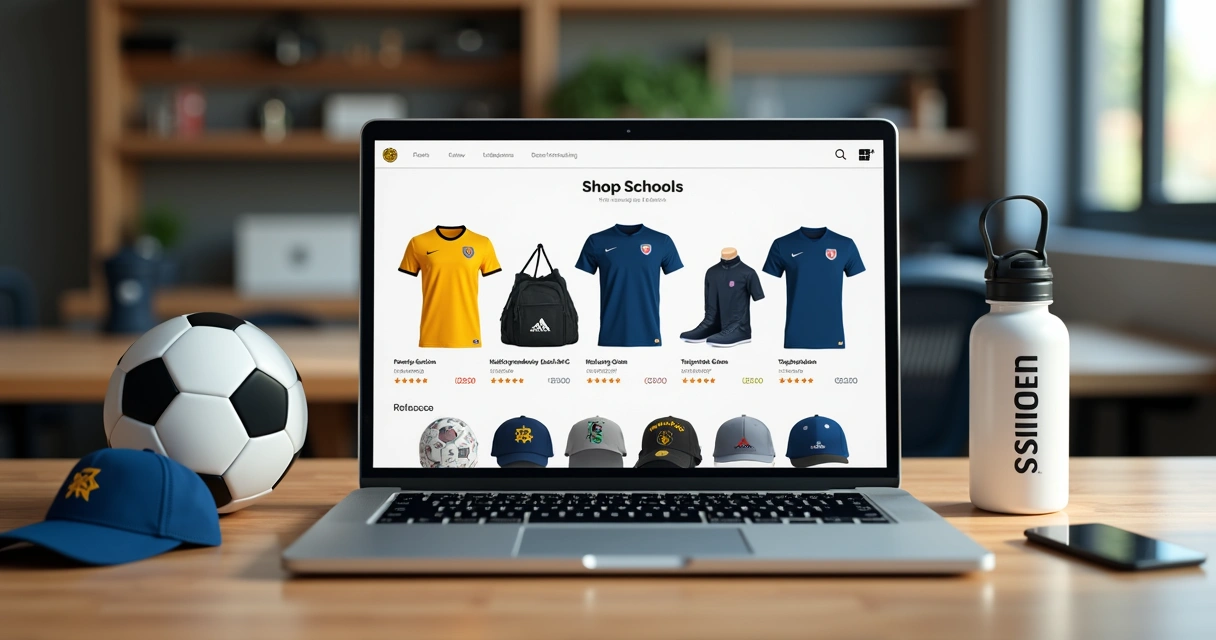 Página de loja virtual com produtos de escola de futebol