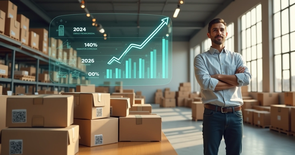 Profissional em galpão moderno organiza caixas de e-commerce com gráficos de finanças digitais flutuando ao fundo 