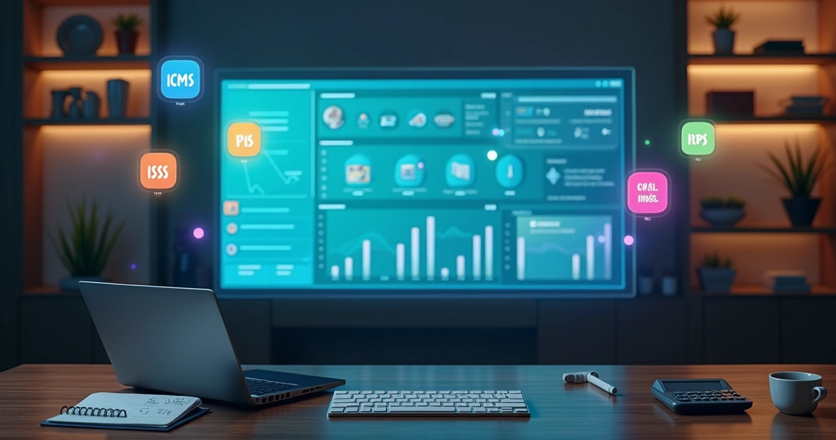 Painel de e-commerce com ícones de impostos ao redor 