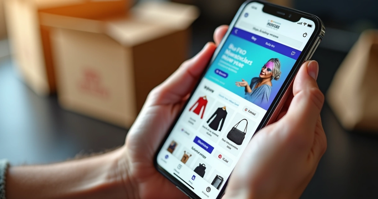 Página de loja virtual exibida em smartphone em uma mão