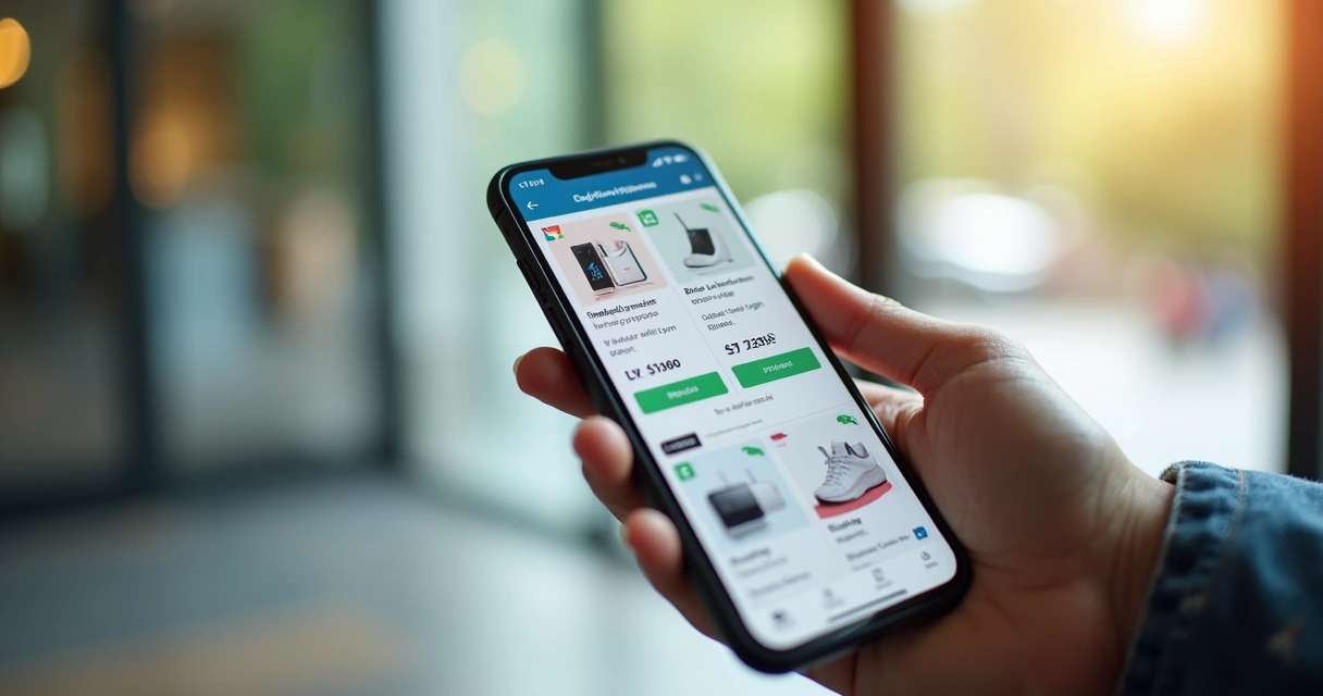 Página de loja virtual exibida em smartphone com ícones de pagamento 
