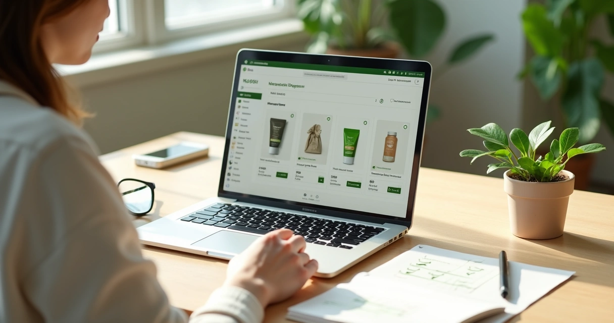 Empreendedor planejando loja virtual de moringa em notebook sobre mesa organizada 