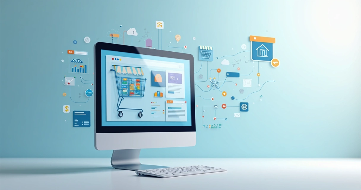 Ilustração de loja virtual conectada com sistemas 