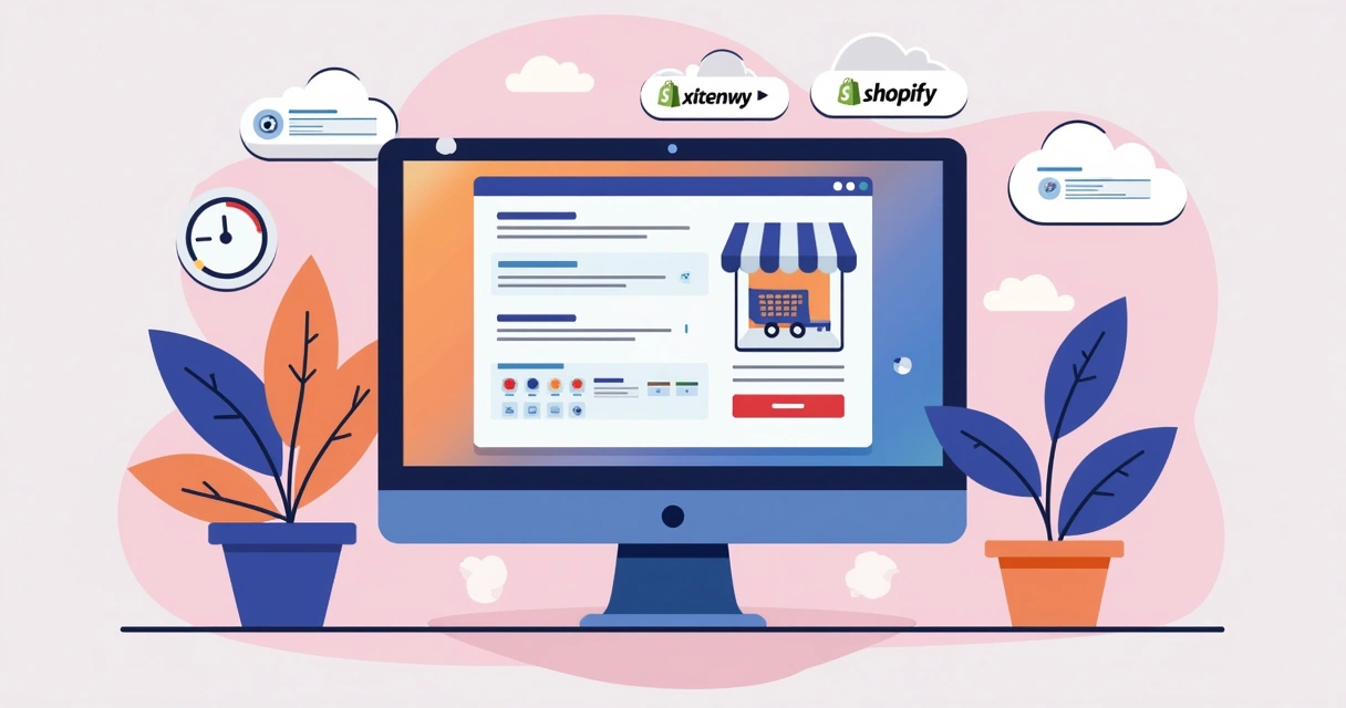 Painel de loja virtual pronta com vitrine, carrinho de compras e ícones de integração 