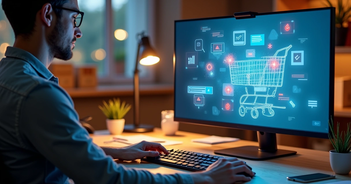 Empreendedor montando quebra-cabeça em forma de loja virtual na tela do computador 