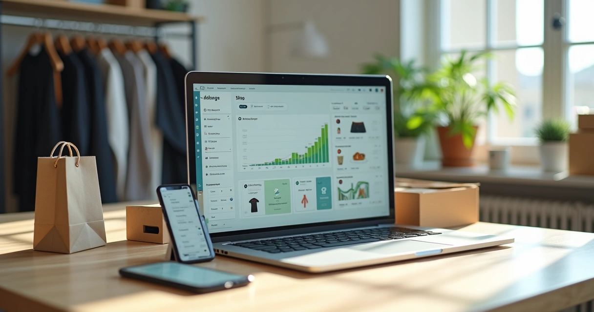 Empreendedor gerenciando loja virtual no painel da Shopify em um notebook 