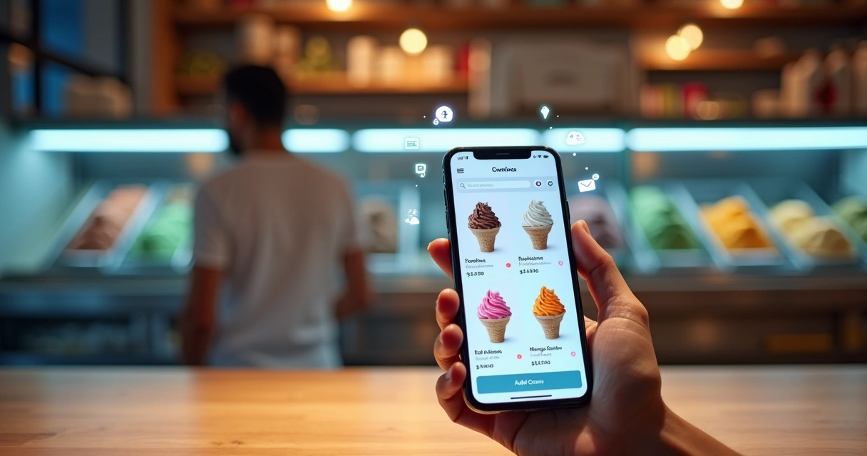 Cliente em sorveteria escolhendo sabores de sorvete em loja virtual no celular no balcão 