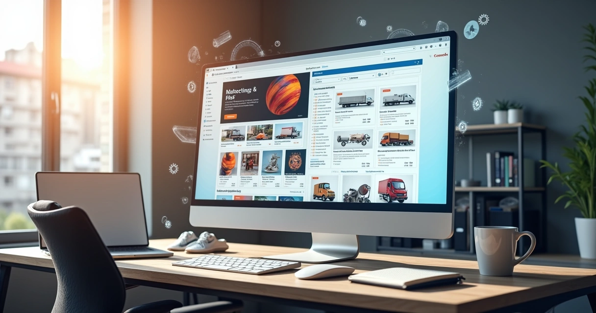 Comparação entre loja virtual personalizada e marketplace em tela de computador com gráficos e ícones 